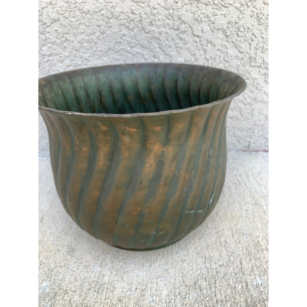 Vintage Copper Verdigris Planter Swirl Texture Large Round Metal Garden Pot